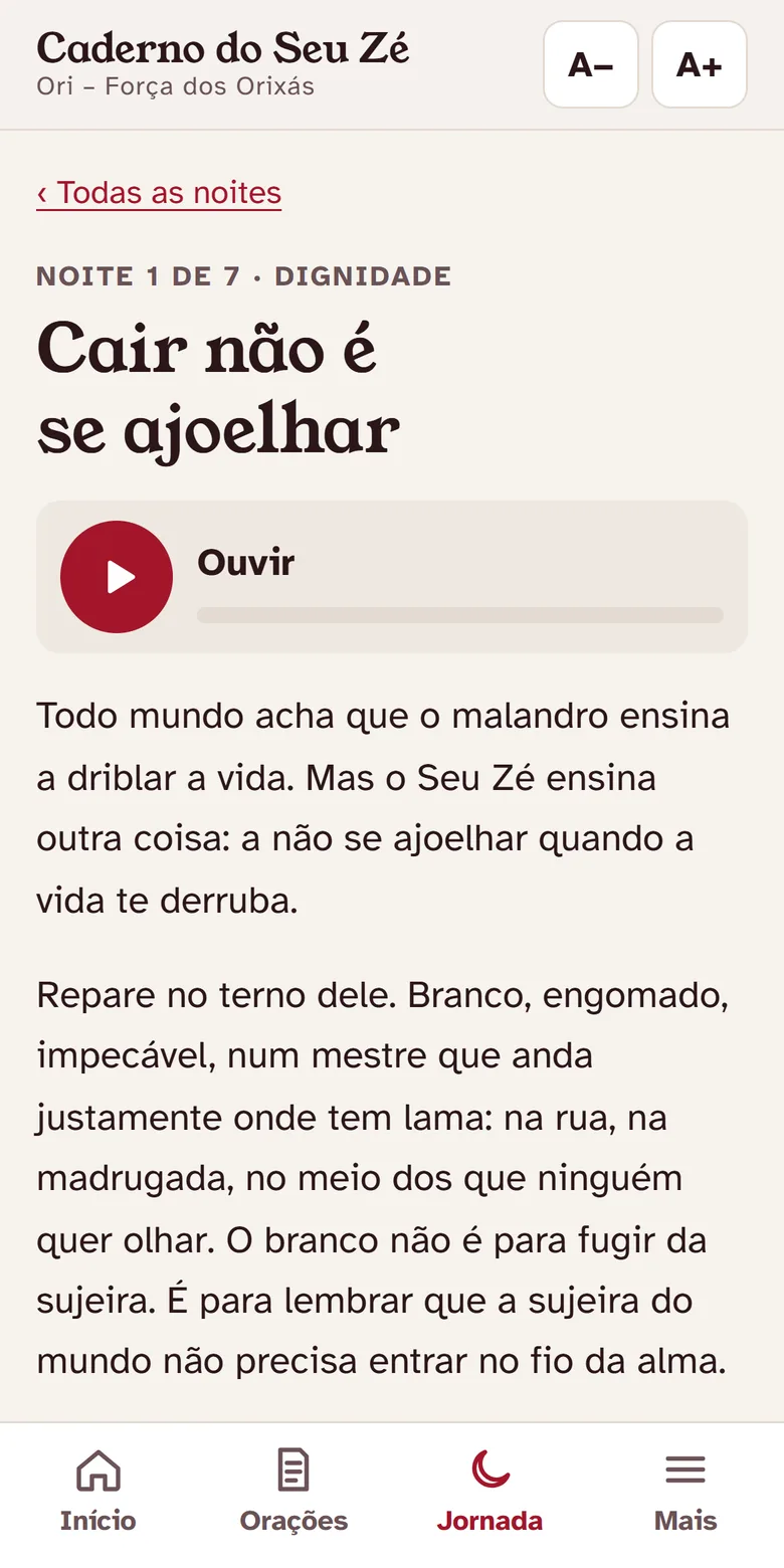 Tela da Noite 1 da Jornada: Cair não é se ajoelhar, com o botão Ouvir